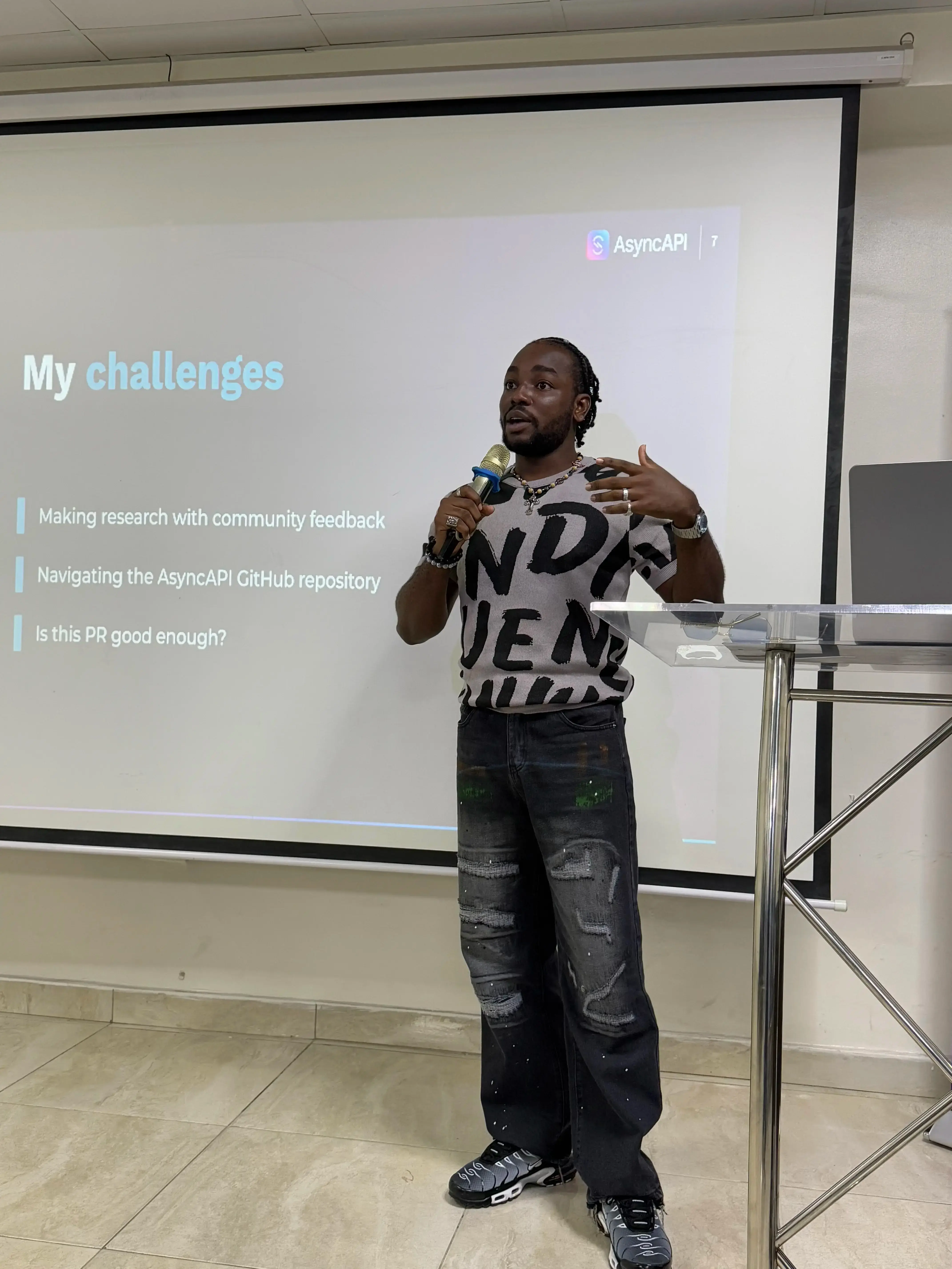 Prince presenting Contributing to AsyncAPI from a Technical Writer's POV.